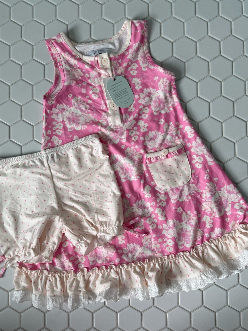 SweetHoney Pink Floral Sleeveless Pajama Dress with Cream Polka-Dot Bloomers